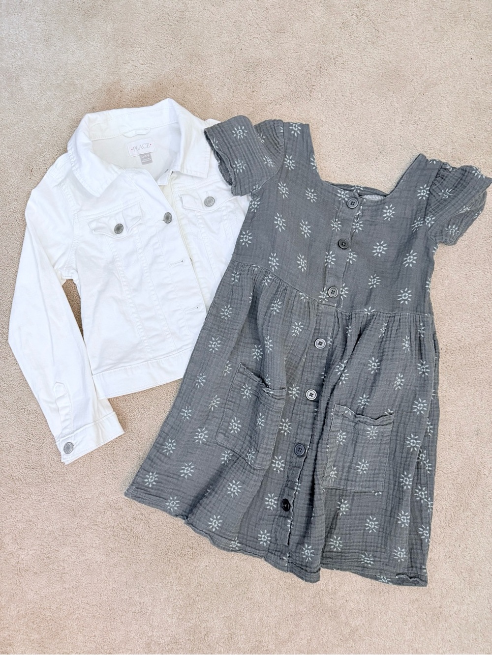 The Children's Place ✨ muslin slate blue dress with white jean jacket, girls 6x